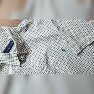 Ralph Lauren Men’s XL Green Blue Plaid Short Sleeve Button Down 100% Cotton